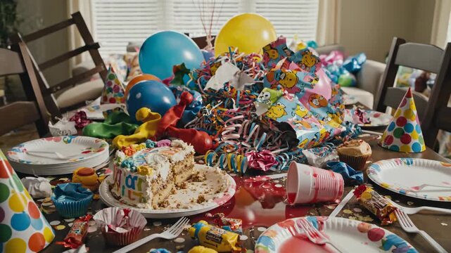 The chaotic aftermath of a birthday party. A messy table with leftover cake, a spilled drink, and colorful decorations. Pull-back shot revealing the post-celebration mess