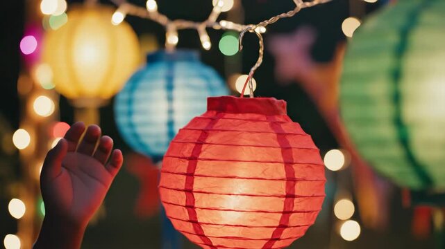 Close-up of a hand adjusting a glowing red paper lantern hanging on a string of lights. Person decorating for a festival celebration like Ramadan or Diwali at night. Colorful bokeh background