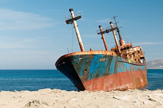 Wreck of Turkish ship Hamada-S on Rimel beach and Mediterranean sea near Bizerte city. Tunisia. Africa.