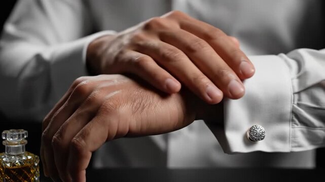 A man in a white shirt applies traditional perfume oil to his hand. Close-up of a masculine grooming ritual with attar. Luxury self-care concept