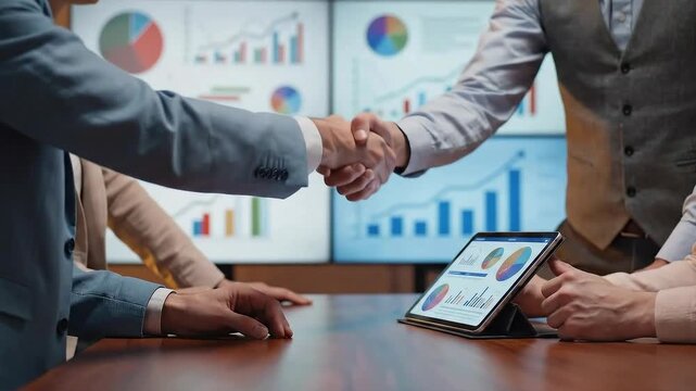 Business team analyzing data on tablet in modern office
