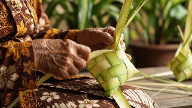 An elderly woman's hands weaving traditional ketupat from coconut leaves. Making rice cake pouches for the Eid al-Fitr celebration. Indonesian cultural craft during Ramadan