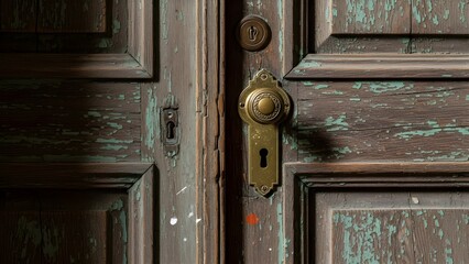 Close up of a weathered wooden door with vintage brass hardware