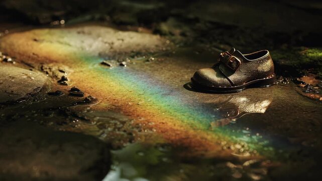 Close-up of a wet leather shoe on a mossy stone surface with a vibrant rainbow reflection, evoking magic and folklore themes associated with leprechauns and St. Patrick s Day