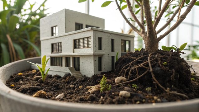 Modern Building Growing Inside a Plant Pot for Surreal Nature and Urban Scale Concept