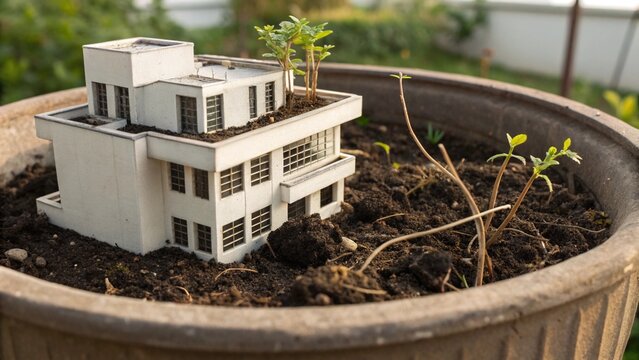 Modern Building Growing Inside a Plant Pot for Surreal Nature and Urban Scale Concept