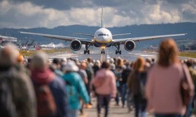 Busy Airport Scene with Travelers Boarding Aircraft Under Dramatic Sky