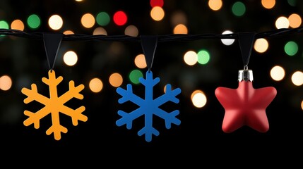 A string of Christmas lights with snowflakes and a star ornament.