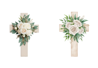 watercolor illustration of an elegant beige christian cross adorned with soft white roses and foliage, top-down flat lay on a gray wash background with copy space. concept of solemn spiritual artistry