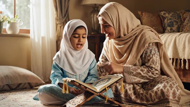 Muslim mother teaching her young daughter to read the Quran at home. A little girl in a hijab learning Islamic scripture with her parent. Family bonding and religious education concept