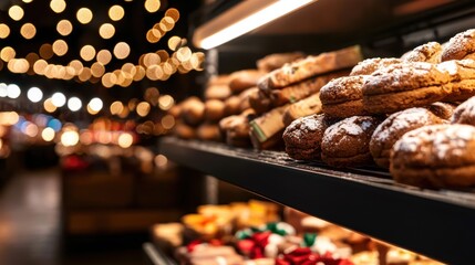 Pastries on display in a bakery.