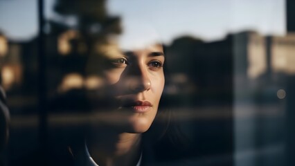 Woman gazing thoughtfully through a window with sunlight reflection