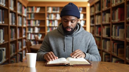 A thoughtful Black man reading a large book in a university library. A focused student studying and contemplating the text. Higher education and knowledge concept - Powered by Adobe