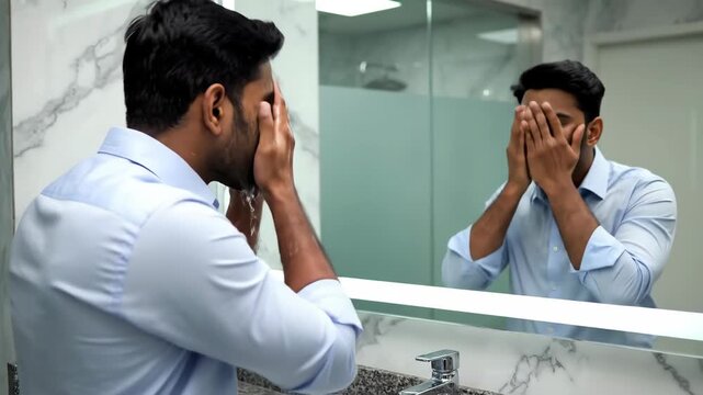 Young South Asian man washing his face in a modern bathroom mirror. Performing the Islamic ritual of wudu or ablution for prayer
