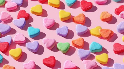 Playful Valentine's background: scattered conversation heart candies in bright colors against a light pink background.