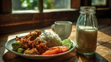 Delicious meal with rice, fried chicken, and fresh vegetables served with a drink.