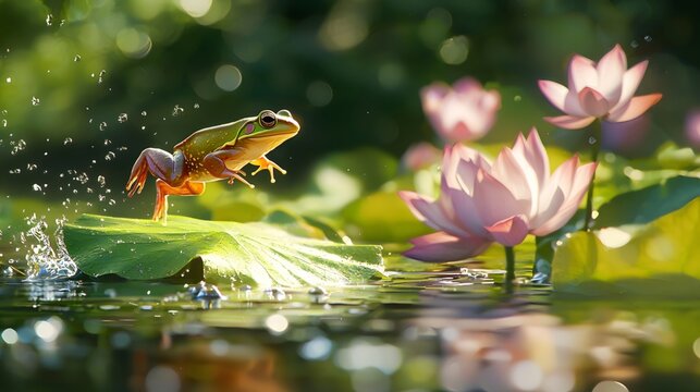 A frog leaps on a lotus leaf, bathed in soft sunlight