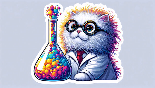 A mad scientist cat in lab coat sticker, Ai generated image