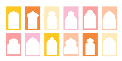 Collection of traditional Islamic gate shapes. Arabic architecture colorful frame set