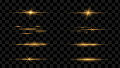 Gold Light effect collection. Glow lens flare, explosion, glitter, line flashes