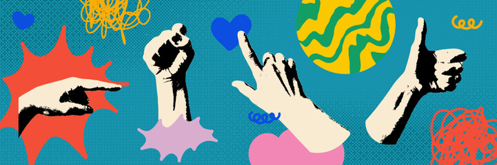 Creative collage with vintage hands and doodle elements. Retro photocopy effect for gesture signs