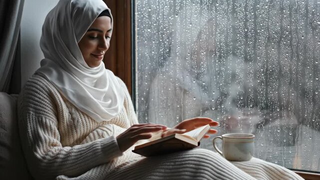 Muslim woman in a hijab reading a book by a rainy window. Young person enjoying a cozy day at home with a hot drink. Quiet relaxation and study concept