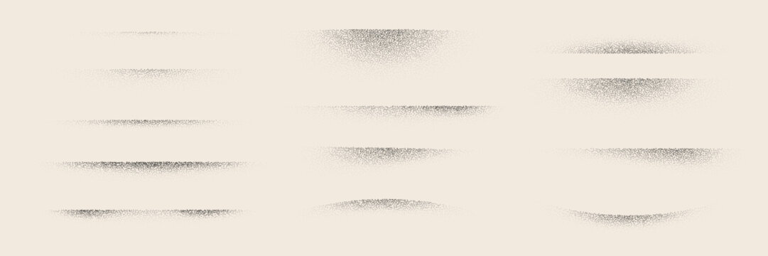 Collection of borders with noise grain texture. Vector edge shadows set with gradient stipple dots
