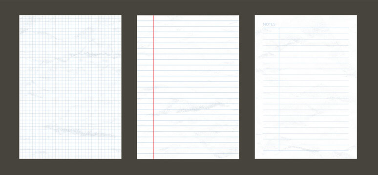 Dotted paper sheets collection. Crumpled empty school notebook pages with lines and grids.