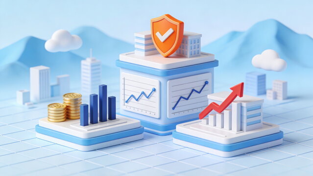 3D Rendered Illustration of Business Growth and Financial Security, Featuring Data Charts, Gold Coins, and a Shield Icon on a Modern Cityscape Background