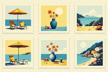 Retro Italian Engraving Frame and Stamp Collection	