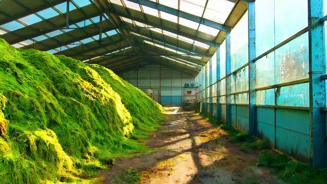 Large pile of vibrant green silage stored inside a vast agricultural storage barn with bright sunlight streaming through the roof structure