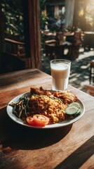 Delicious meal with rice, fried chicken, and a glass of milk on a wooden table
