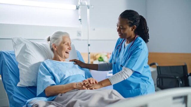 Caring African American nurse comforting an elderly female patient with a warm smile in a hospital room.