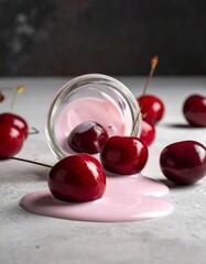 Fresh ripe cherries in a glass bowl with ice and water splashes create a juicy organic dessert isolated on a white background