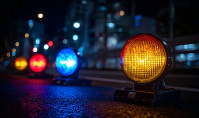 Bright Roadblock Lights at Night on a City Street with Clean Surface and Bokeh