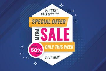 Big Mega sale banner, abstract template with dark purple color background, get 50 percent of, Biggest sale discount banner