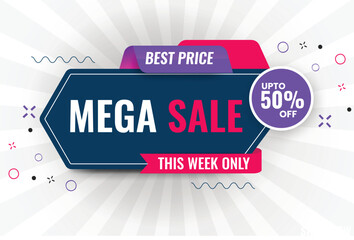 modern mega sale banner design, template in bright colors up to 50% off, product web or social media sale poster