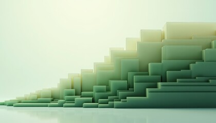 Abstract geometric staircase ascending gradient of pale green and cream blocks with subtle reflections on a clean light