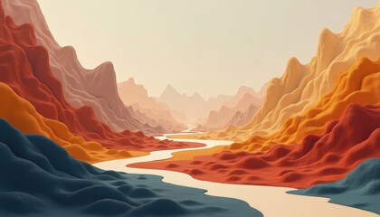 Vibrant Pixelated Mountain Landscape With Winding River Under A Hazy Sky In Warm Sunlight