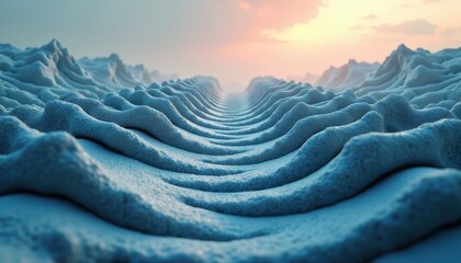 Abstract Snow Landscape With Textured Ripples Under Soft Sunset Sky