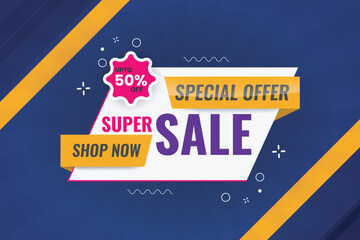 super sale banner, abstract template with dark purple and yellow color background, get 50 percent of, sale banner promotion