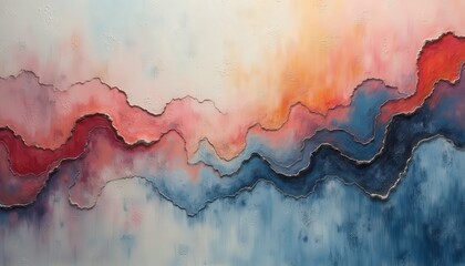 Abstract flowing textured waves with shimmering glitter details in coral blue and pink hues creating a serene and vibrant