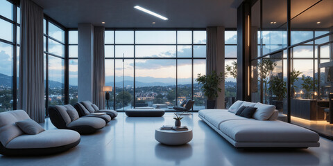 Contemporary Lounge with Floating Furniture, Glass Walls, and Soft Mood Lighting - A stylish lounge with floating furniture, expansive glass