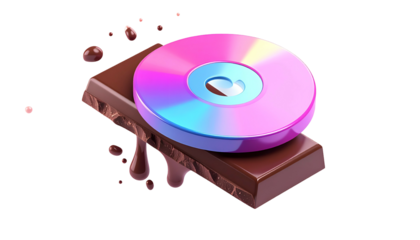 Rendered artwork of a holographic disc atop a chocolate bar