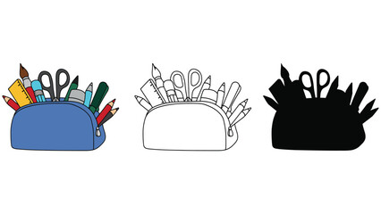 A colorful illustration of a pencil case with various stationery items