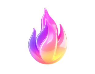 Glossy, stylized flame icon with gradient color spectrum on black background