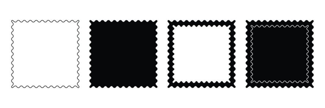Black silhouette scalloped frames. Geometric shapes stickers with zigzag wavy edge. Postage stamp borders set. Zigzag Wavy Edge Rectangle shape.