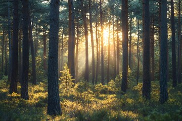 Obraz premium In the pine forest, the sound of the wind through the pines is constant