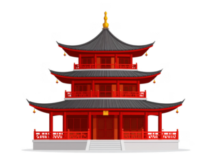 Chinese pagoda architecture illustration isolated on white background.