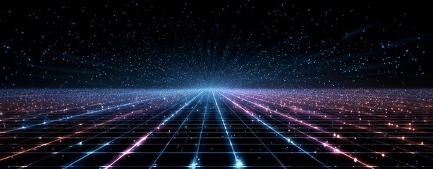 Digital Horizon: A stunning visual representation of a digital landscape unfolds, where intricate lines of light converge into the distance.